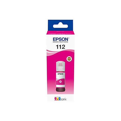 Eine Epson Tintenflasche in einer pinkfarbenen Verpackung mit der Aufschrift 112.