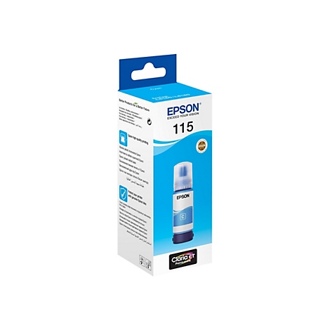 Epson 115 Cyan Tintenflasche in Originalverpackung vor weißem Hintergrund.
