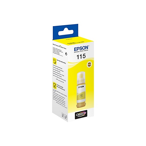 Gelbe Epson 115 Tintentlasche in Originalverpackung vor weißem Hintergrund.