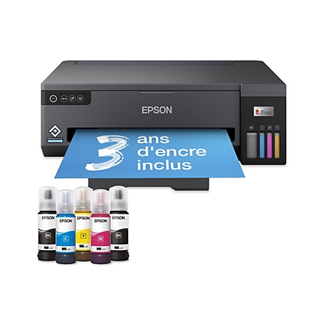Schwarzer Epson-Drucker mit Tintenflaschen. Ein blauer Zettel zeigt die Zahl 3 und "ans d'encre inclus".