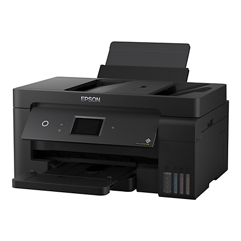 Imprimante à jet d'encre noire avec bac de sortie de papier ouvert. Logo Epson. L'imprimante dispose d'un petit écran et de cartouches d'encre colorées.