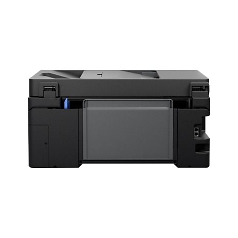 Schwarzer Drucker, Rückseite, Detailansicht. Grauer Papiereinzug, blaue Elemente. Technische Geräte.