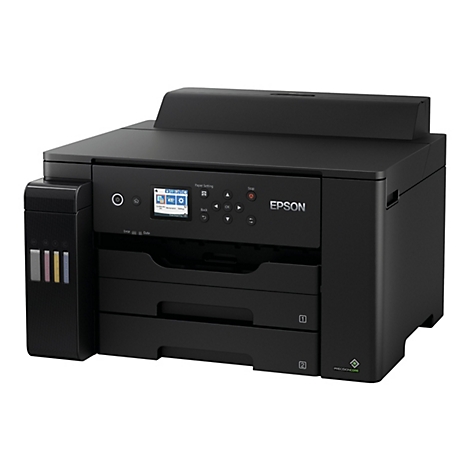 Schwarzer Epson-Drucker mit Display, Bedienknöpfen und Tintenbehältern an der Seite. Der Drucker hat zwei Papierfächer und den Aufdruck „EPSON“.