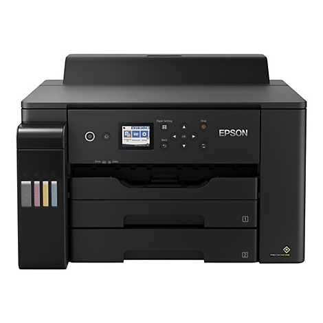 Schwarzer Tintenstrahldrucker, Vorderansicht. Mit Bedienfeld, Papierfächern, Tintenpatronen und Epson-Logo.