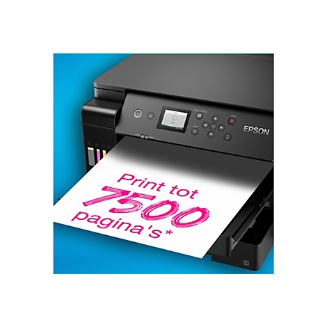 Schwarzer Drucker, Papierausgabe mit pinkfarbenem Text: Print tot 7500 pagina's* . Epson Logo.