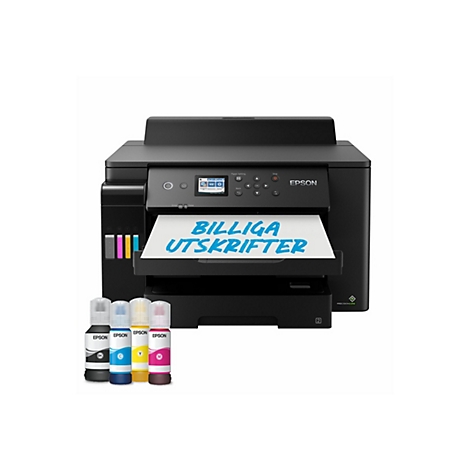 Ein schwarzer Epson-Drucker mit einem Blatt Papier, auf dem "BILLIGA UTSKRIFTER" steht, mit Tintenpatronen. Auf dem Drucker steht Epson.