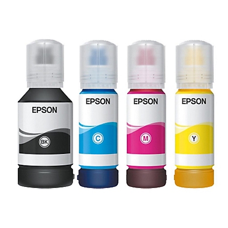 Quatre bouteilles d'encre Epson en noir, cyan, magenta et jaune.