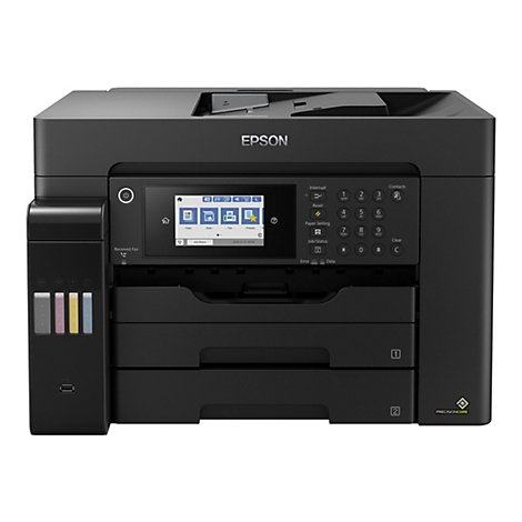 Schwarzer Drucker mit Farbdisplay, Tasten und Tintenpatronen. Auf dem Display werden Funktionen wie Kopieren, Scannen und Faxen angezeigt. Der Drucker ist von Epson.