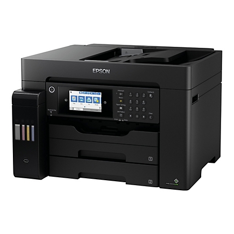 Schwarzer Epson Drucker. Das Display zeigt Optionen für Kopieren, Scannen und Faxen. Auf der rechten Seite befinden sich Tasten für die Eingabe.
