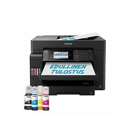 Schwarzer Drucker von Epson. Auf einem Blatt Papier steht in blauer Schrift: EDULLINEN TULOSTUS. Tintenpatronen daneben.