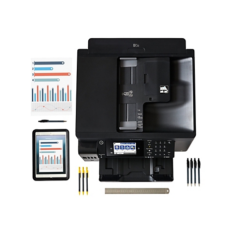 Draufsicht eines schwarzen Epson-Druckers mit Zubehör: Diagramme, Tablet, Stifte, Lineal. Der Drucker hat ein Display und verschiedene Bedienelemente.