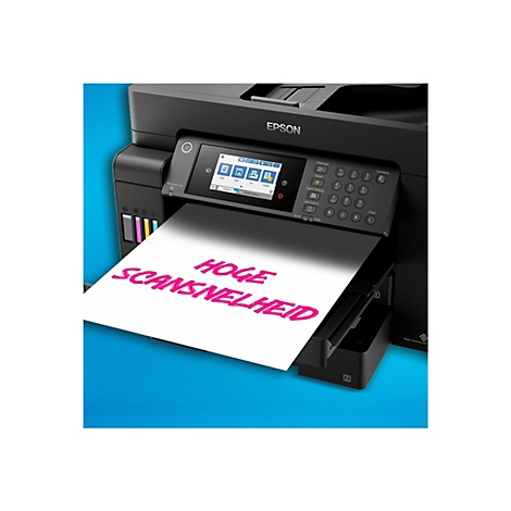 Ein schwarzer Epson-Drucker, der ein Blatt Papier mit dem Text "HOGE SCANSNELHEID" in pinker Schrift ausdruckt. Auf dem Drucker befindet sich ein Bildschirm mit verschiedenen Funktionen und Tasten.