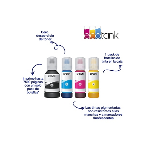 Vier Tintenflaschen neben den Logos von Epson und Ecotank. Aufdrucke: 7500 Seiten, tonerfreies Drucken. Farben: Schwarz, Cyan, Magenta, Gelb.