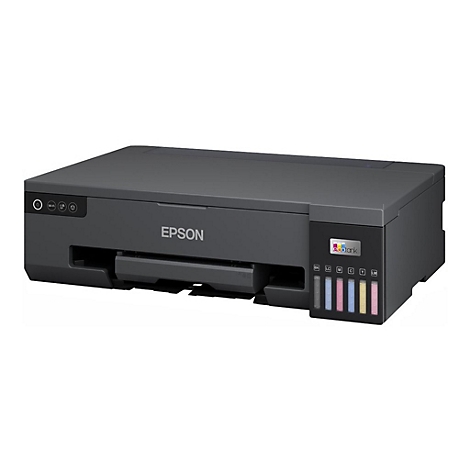 Dunkelgrauer Epson-Drucker. Auf der Vorderseite: Ein-Aus-Taste, WLAN-Symbol, Tintenstandsanzeige. Tintenbehälter mit farbigen Füllständen.