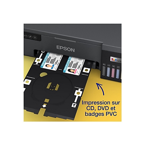 Ein Drucker druckt auf Ausweisen. Darunter ein schwarzes Fach fÃ¼r CDs und PVC-Karten. Text: Druck auf CD, DVD und PVC-Karten.