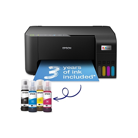 Ein schwarzer Epson-Drucker mit blauen Papier und Aufschrift „3 Jahre Tinte inklusive“ sowie Tintentanks.