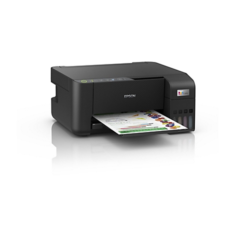 Ein schwarzer Epson EcoTank-Drucker, der ein buntes Arbeitsblatt ausdruckt. Auf dem Drucker steht „Epson“ und „EcoTank“.