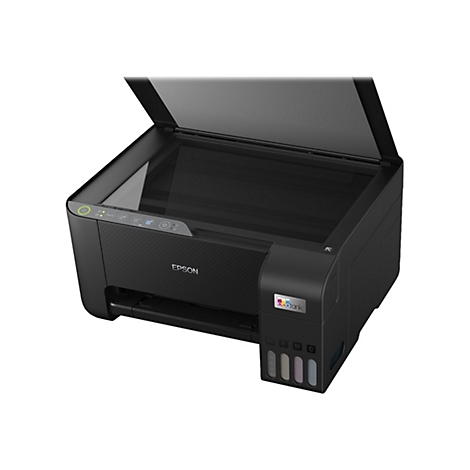 Schwarzer Epson-Drucker mit geöffnetem Scannerdeckel. Auf der Seite sind die Farbtintenflaschen zu sehen.