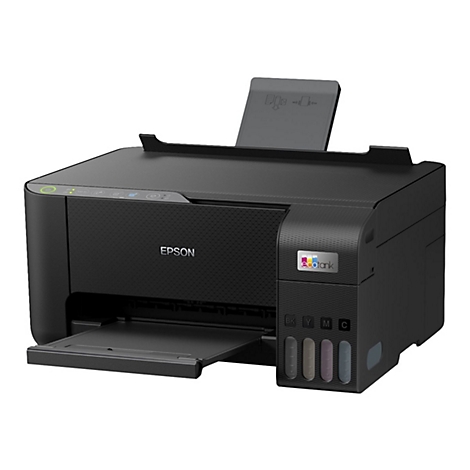 Schwarzer Epson EcoTank-Drucker mit geöffnetem Papiereinzug und Farbpatronen. Oben ist ein Bedienfeld mit Knöpfen.