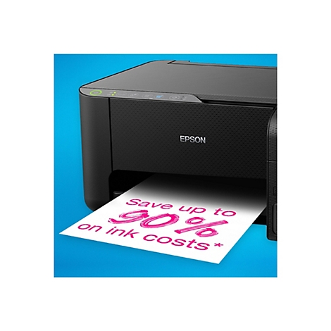 Schwarzer Drucker mit Ausdruck 'Save up to 90% on ink costs'. Epson Logo.