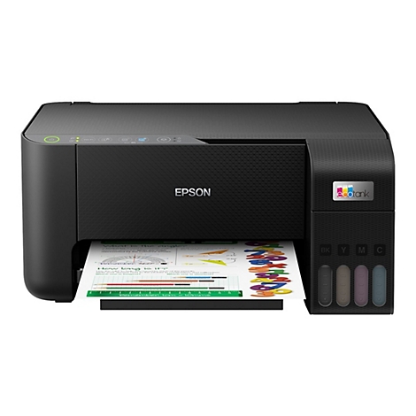 Schwarzer Epson-Multifunktionsdrucker. Gedrucktes Blatt Papier mit farbigen Grafiken. Am rechten Rand befinden sich die Tintenbehälter.