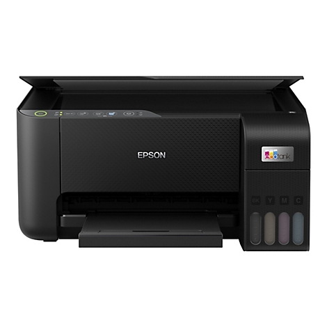 Schwarzer Epson EcoTank-Drucker auf weißem Hintergrund, mit geöffnetem Deckel und Bedienfeld mit Symbolen.