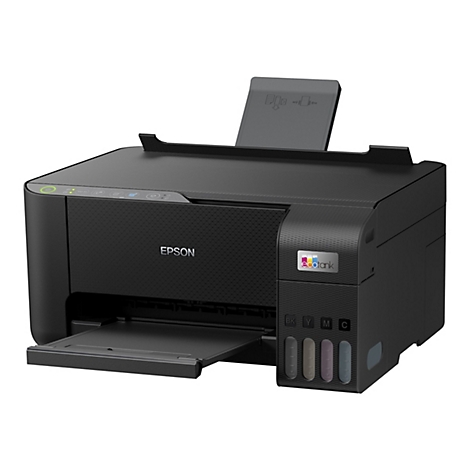 Schwarzer Epson EcoTank Drucker mit offenem Papierausgabefach. Der Drucker hat ein Bedienfeld mit verschiedenen Symbolen und einen Aufsatz für Papier.