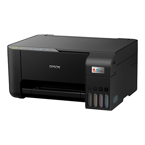 Schwarzer Epson EcoTank-Drucker vor weißem Hintergrund mit integrierten Tintentanks an der Front.