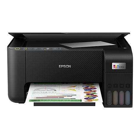 Schwarzer Epson EcoTank Drucker mit Tintentanks vorne und gedrucktem Arbeitsblatt im Ausgabefach.