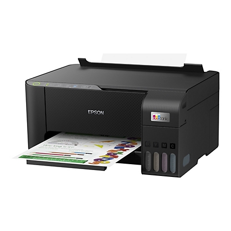 Schwarzer Epson EcoTank Drucker mit Tintentanks vorne, bedruckt gerade ein Arbeitsblatt.