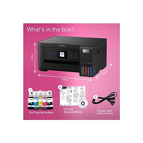 Schwarzer Epson-Drucker, rechts daneben Tintenflaschen, Dokumentation, Stromkabel, Text: What's in the box?