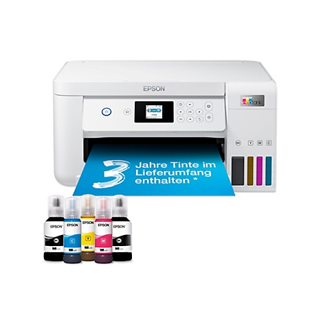 Weißer Epson EcoTank Drucker mit blauem Papier und Aufschrift "3 Jahre Tinte". Unterhalb sind Tintenflaschen.