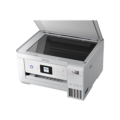 Weißer Epson EcoTank Multifunktionsdrucker mit geöffnetem Scannerdeckel auf weißem Hintergrund.