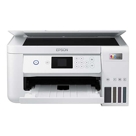 Weißer Epson EcoTank-Drucker mit Tintentanks vorne und Bedienfeld in der Mitte.