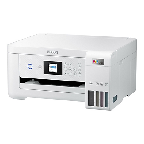 Ein weißer Drucker mit EPSON-Logo. Auf der Vorderseite befindet sich ein kleines Display mit Optionen. Rechts ein ecotank-Behälter mit Farbtinten.