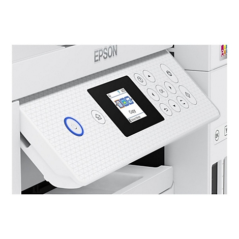 Detailaufnahme des Bedienfelds eines weißen Epson-Druckers mit Touchscreen und Tasten.