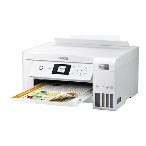 Ein weißer Tintenstrahldrucker, der gerade ein Blatt mit Text und Diagrammen ausgibt. Auf dem Drucker ist das Epson-Logo zu sehen, sowie ein Touchscreen-Display und farbige Tintenbehälter.