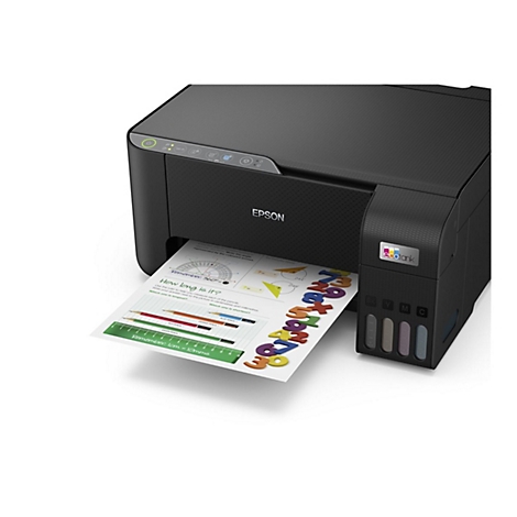 Schwarzer Epson EcoTank-Drucker druckt ein Blatt mit Grafiken und Text. Auf dem Drucker steht Epson. Rechts sind Tintenpatronen.