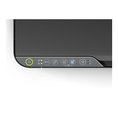 Detailansicht eines Druckers, zeigt das Bedienfeld mit den Symbolen für Power, Wi-Fi und Tintenstand.