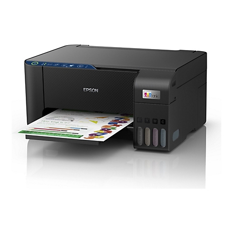 Imprimante noire imprimant une feuille avec des graphiques colorÃ©s. Logo EPSON clairement visible.