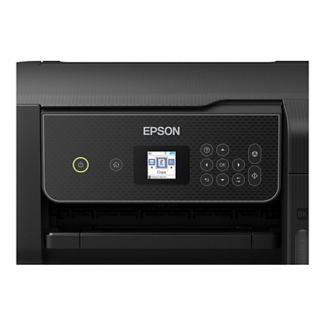 Detailansicht eines schwarzen Epson-Druckers. Auf dem Bedienfeld befinden sich ein Bildschirm, Tasten und das Epson-Logo.