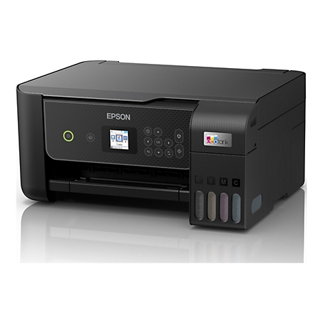 Ein schwarzer Epson EcoTank-Drucker mit einem kleinen Bildschirm und Bedienknöpfen. Tintenstände sind sichtbar.