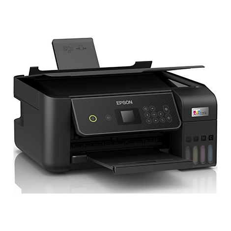 Schwarzer Tintenstrahldrucker, teilweise geöffnet, mit Steuerfeld, Papierschacht und EcTank-Logo.