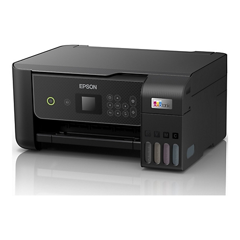 Schwarzer Epson EcoTank-Drucker. Auf der Oberseite befindet sich das Epson-Logo. Auf der Vorderseite sind die Bedienknöpfe und ein kleines Display zu sehen. Rechts sind die Tintenbehälter.