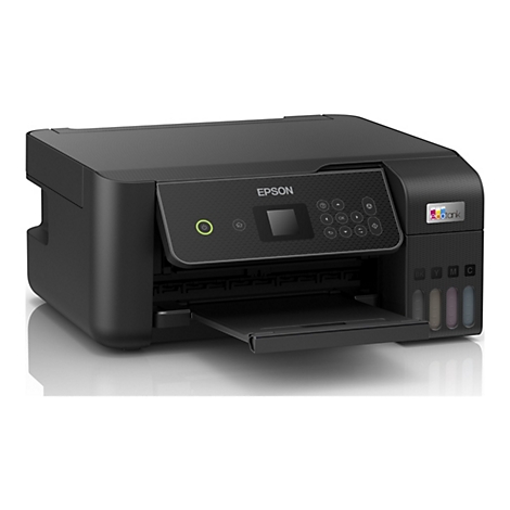 Schwarzer Tintenstrahldrucker, Marke Epson, mit Bedienfeld, LCD-Display, und geöffnetem Papierfach.