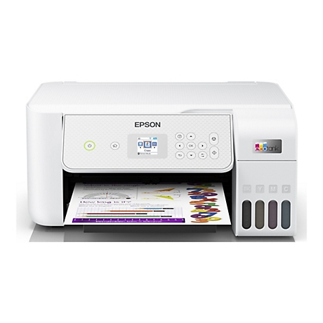Weißer Epson EcoTank-Drucker mit einem gedruckten Blatt Papier. Auf dem Papier sind bunte Buchstaben und Zahlen sowie ein Text mit Winkeln abgebildet.