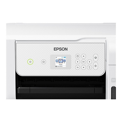 Nahaufnahme eines weißen Epson-Druckers. Auf dem Bedienfeld befinden sich ein Bildschirm und Bedientasten.