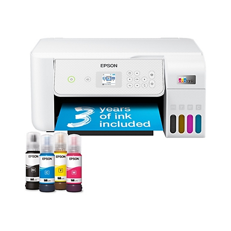 Ein weißer Epson EcoTank-Drucker mit Tintenflaschen; 3 Jahre Tinte inklusive, Text auf dem Druckerdisplay.