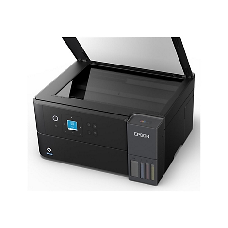 Schwarzer Epson-Multifunktionsdrucker mit geöffnetem Deckel. Auf der Seite sind Tintenbehälter sichtbar.
