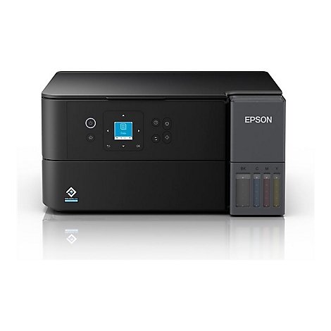 Schwarzer Epson EcoTank-Drucker. Auf der Oberseite befinden sich Knöpfe und ein kleines Display. Rechts sind Tintenbehälter mit farbiger Tintenanzeige.